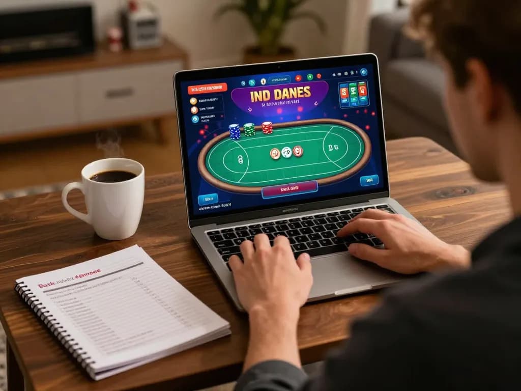 Player enjoying online poker at home with 32win on laptop screen and strategy notes