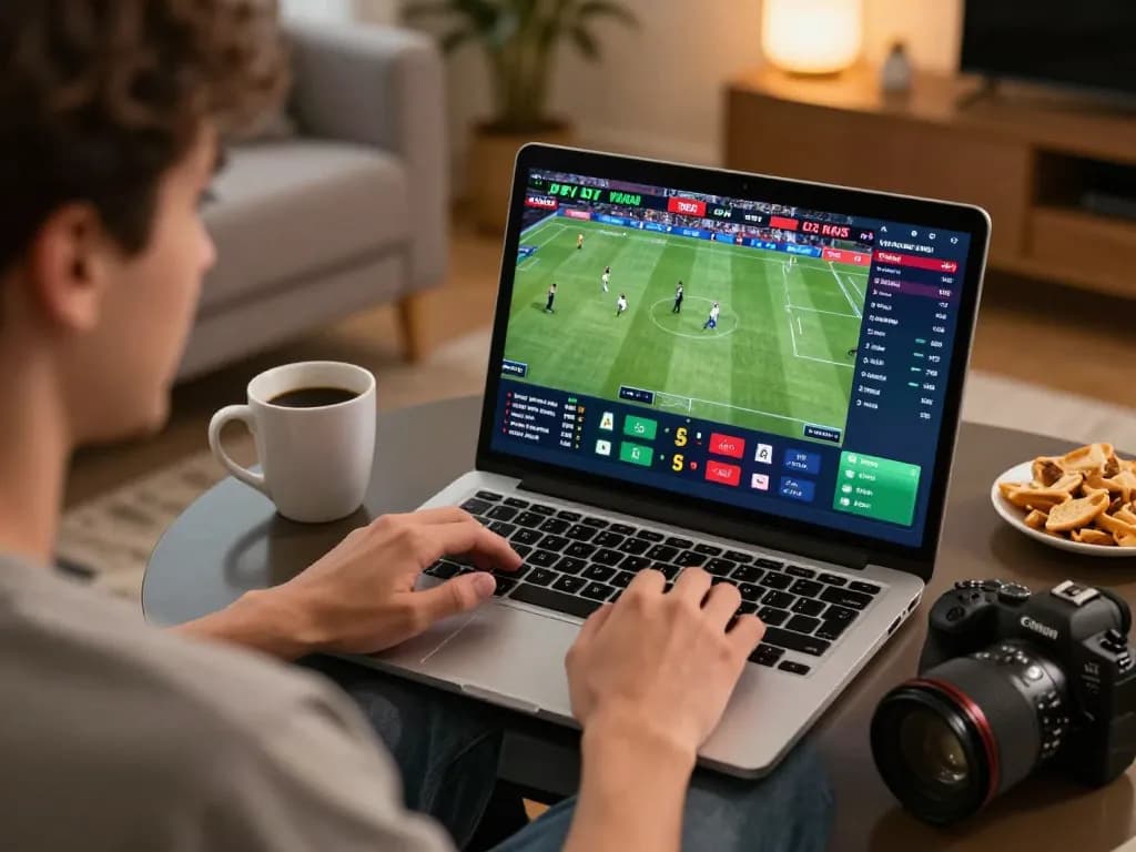Engaged user exploring DH88 sports betting platform on a laptop at home, showcasing excitement and strategy.