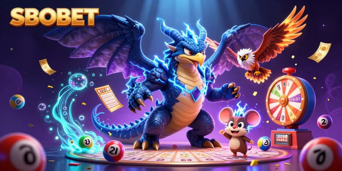 SBOBET showcases vibrant lottery elements, a thunder dragon, and a fierce wind hawk promoting dynamic gambling action.