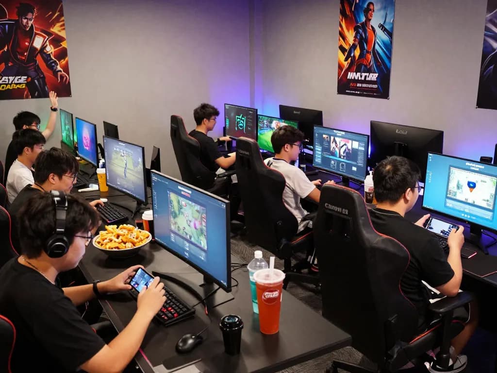 Players enjoying mobile games on mantra88 in a vibrant gaming hub, reflecting excitement and social engagement.