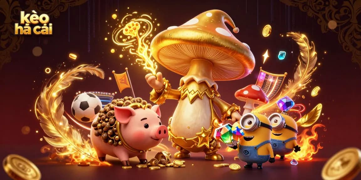 Experience the thrill of kèo nhà cái with golden magical elements and animated characters in a vibrant betting scene.