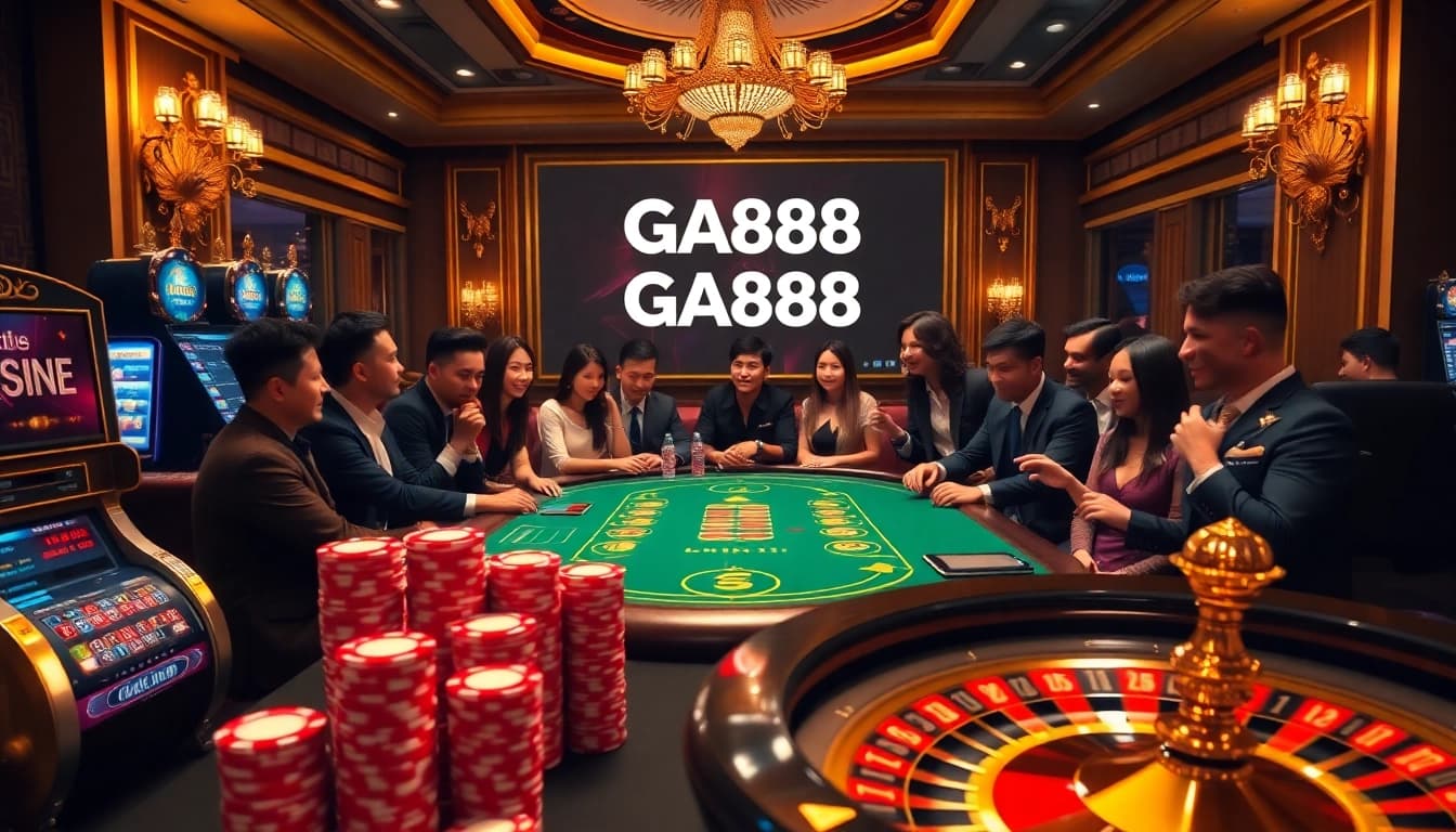 GA888 poker players engaged in an exciting game, surrounded by vibrant casino elements.