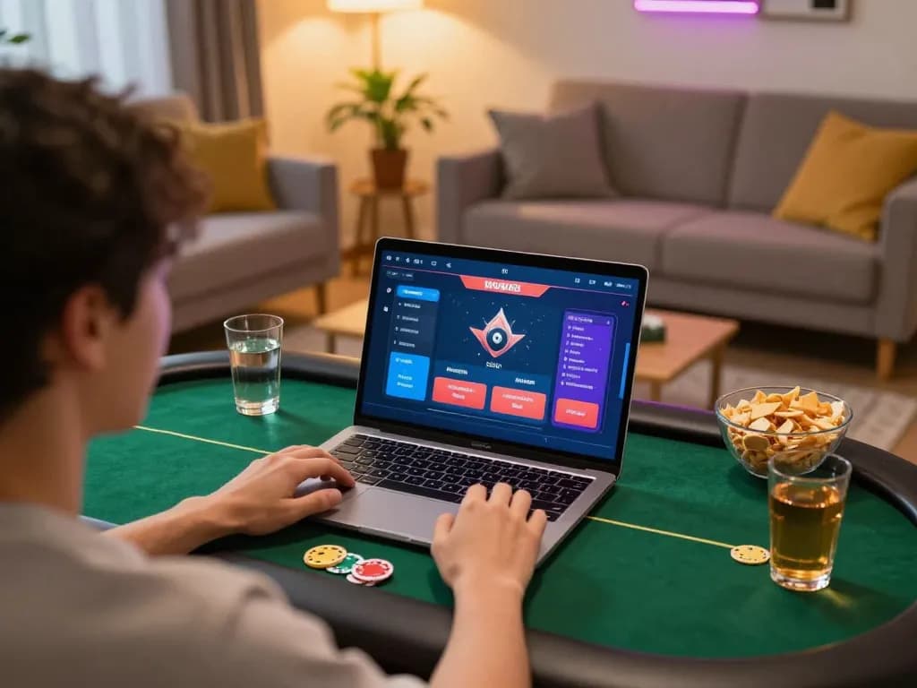 Player enjoying thrilling poker session on NK88 nhà cái during home gaming experience.