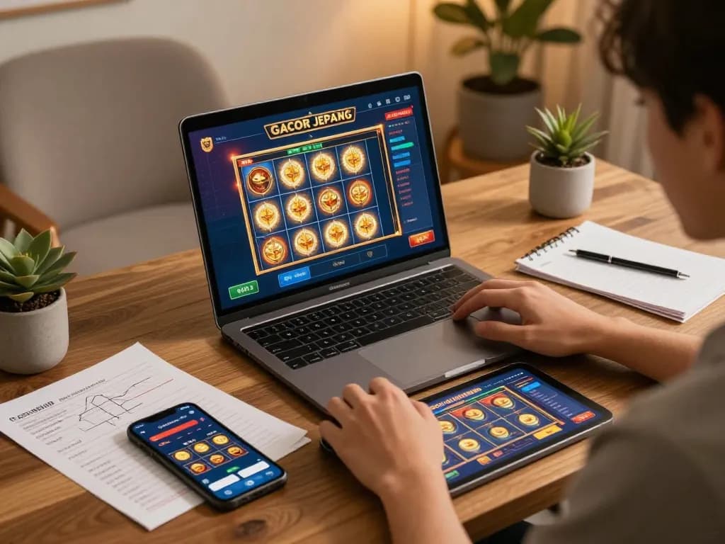 Engaging in slot gacor jepang activity on a cozy home desk with laptop and strategy notes.