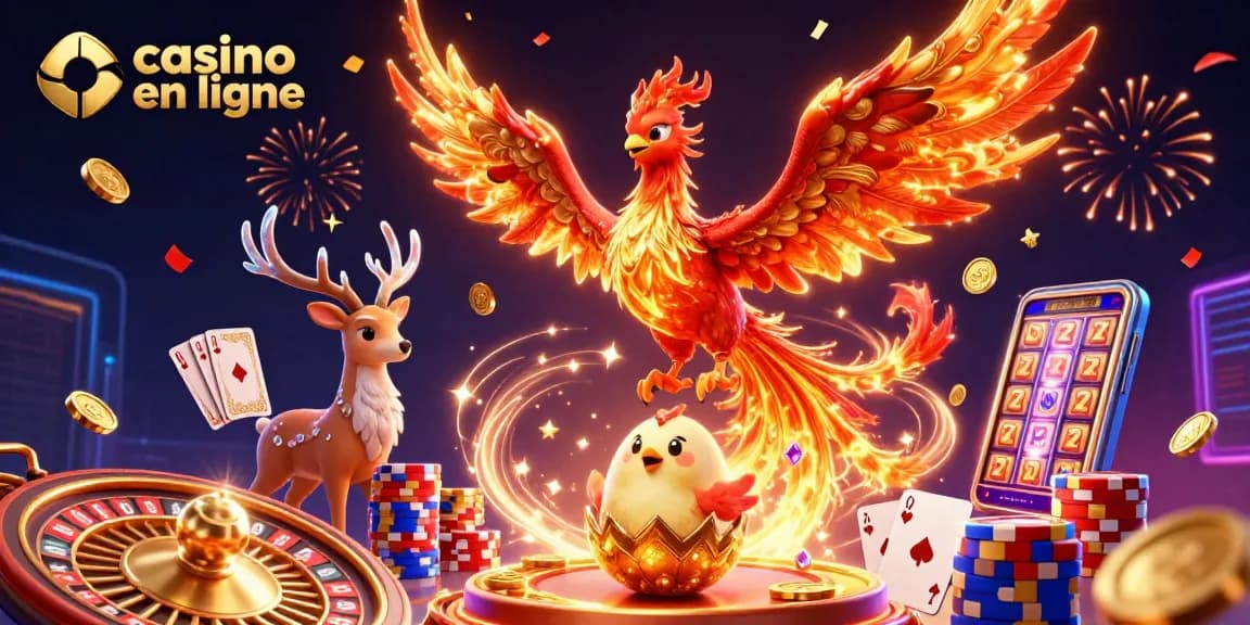 Jouer dans un casino en ligne avec une illustration dynamique de jeux et de fortune.
