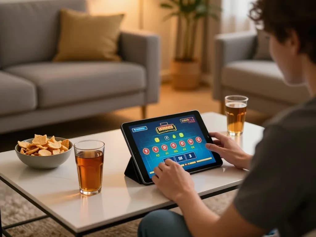 Engaged player enjoying F88BET live dealer game on tablet at cozy home setup, emphasizing strategic online gambling.