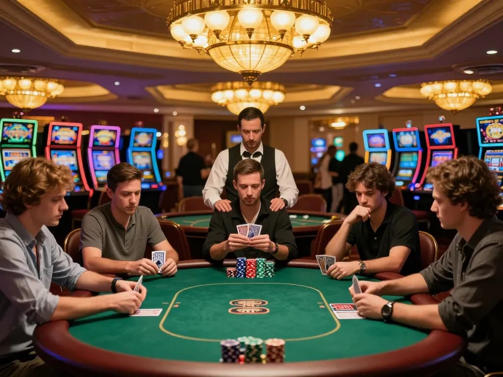 Hành động poker hấp dẫn thể hiện link m88 không bị chặn trong môi trường casino sang trọng nơi người chơi chiến lược cho các bước đi tiếp theo của họ.