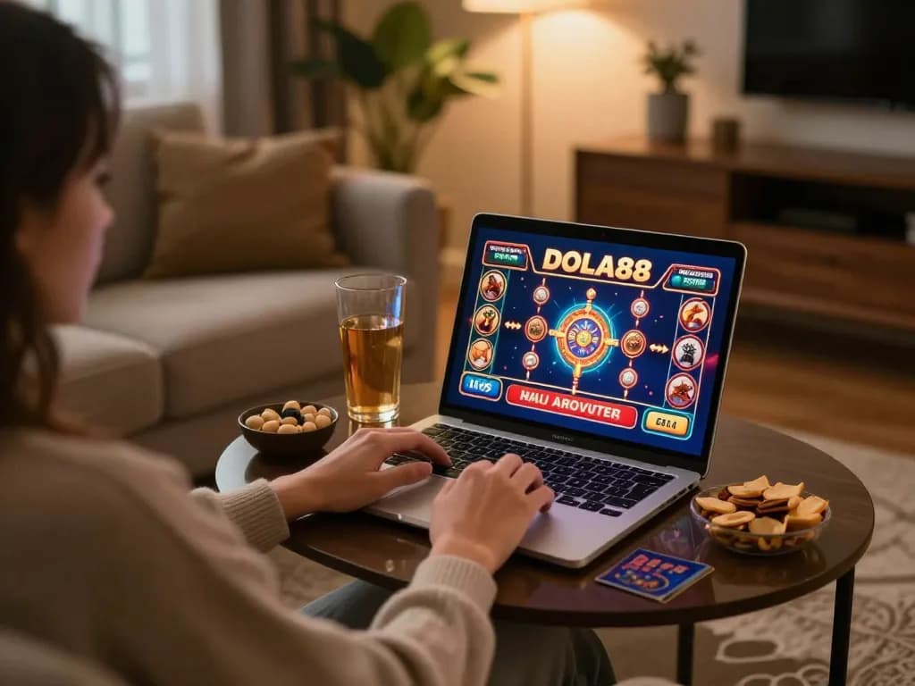 DOLA88 player engaging with online casino game, comfortable home environment with warm lighting.