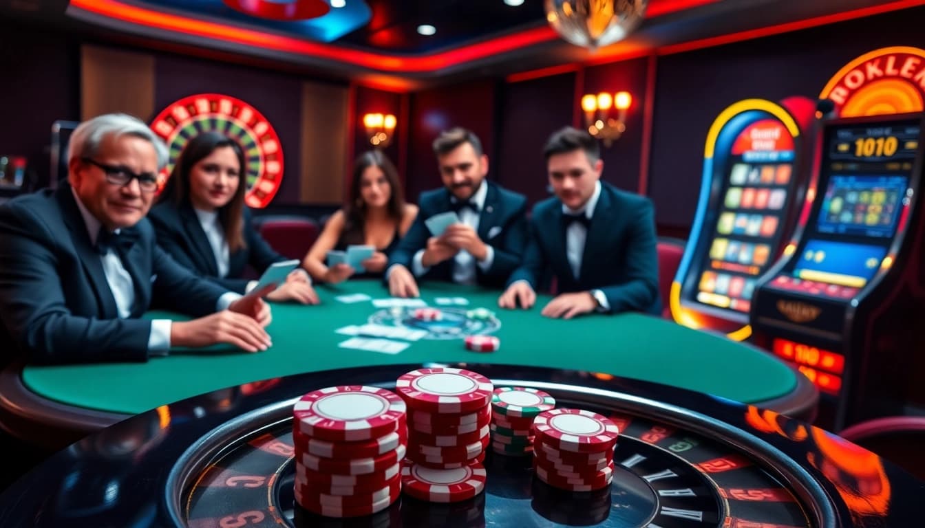 Placer des paris à une table de poker de casino en ligne haut de gamme avec des jetons et des cartes vibrants.