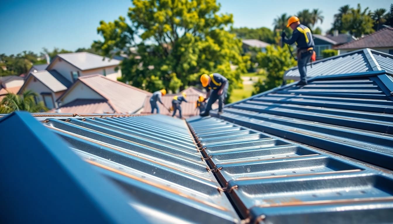 Installers applying metal roofing toronto in a residential area with various roof styles.