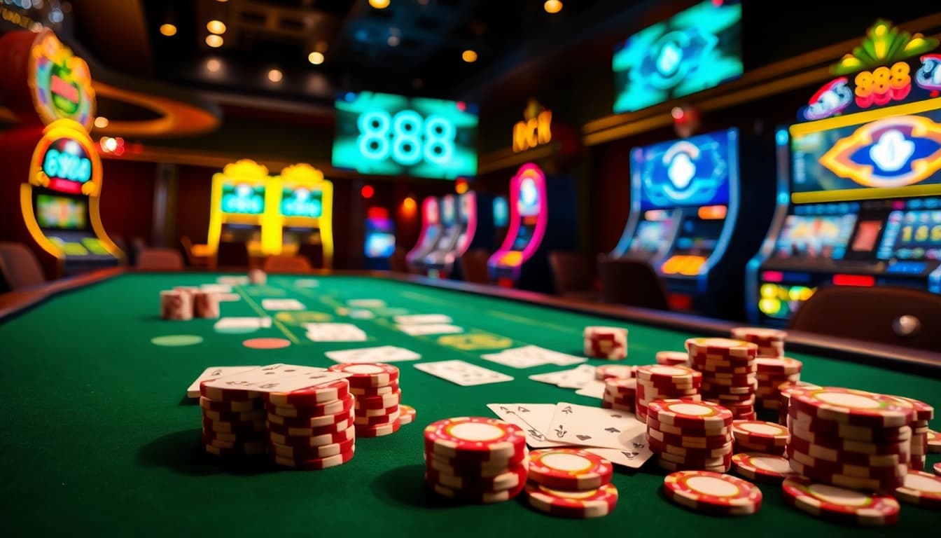 Captivating casino scene illustrating Chính sách bảo mật 888new with vibrant gaming elements and a professional atmosphere.