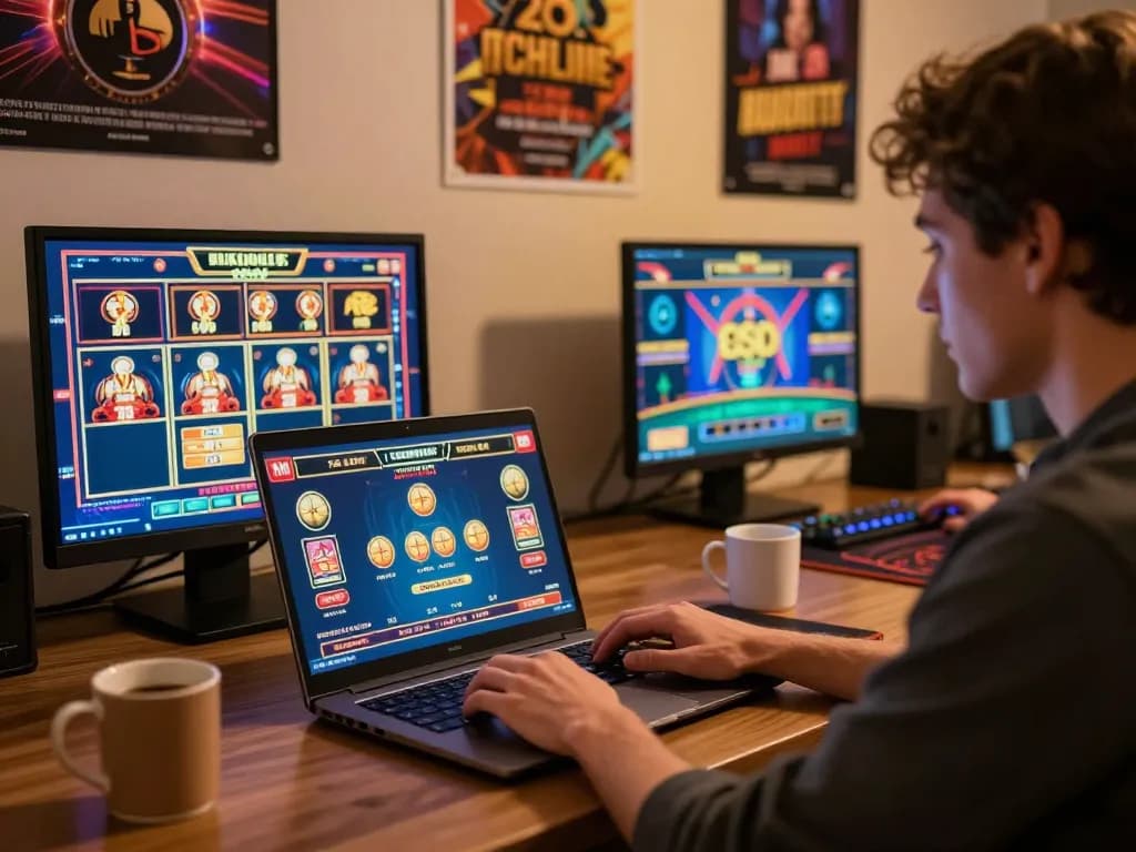 Engaged player utilizing thabet for immersive online casino gaming experience at home.
