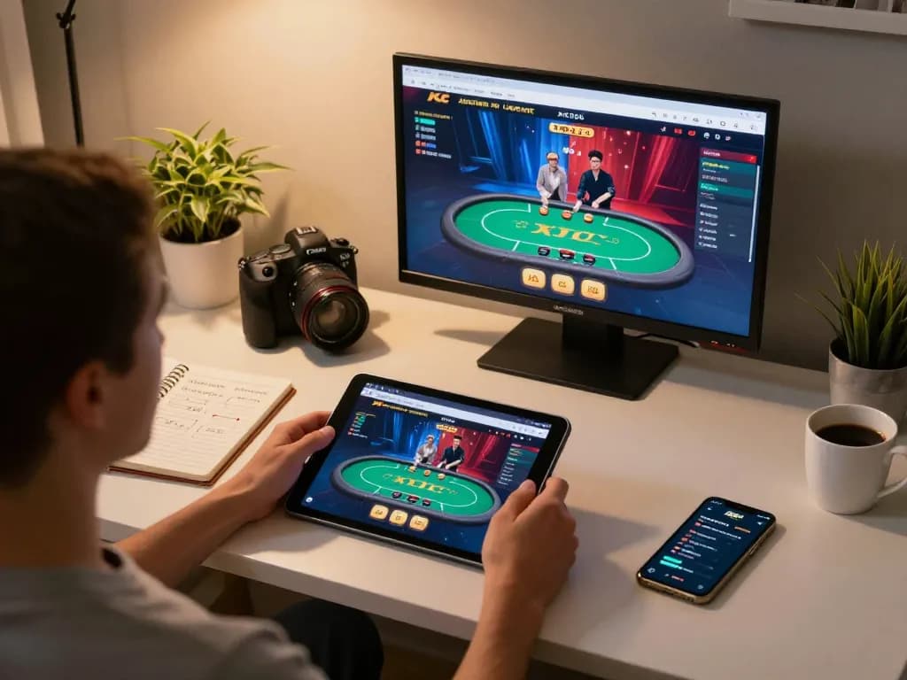 KJC online gaming setup with live poker game displayed on tablet, showcasing strategic gameplay