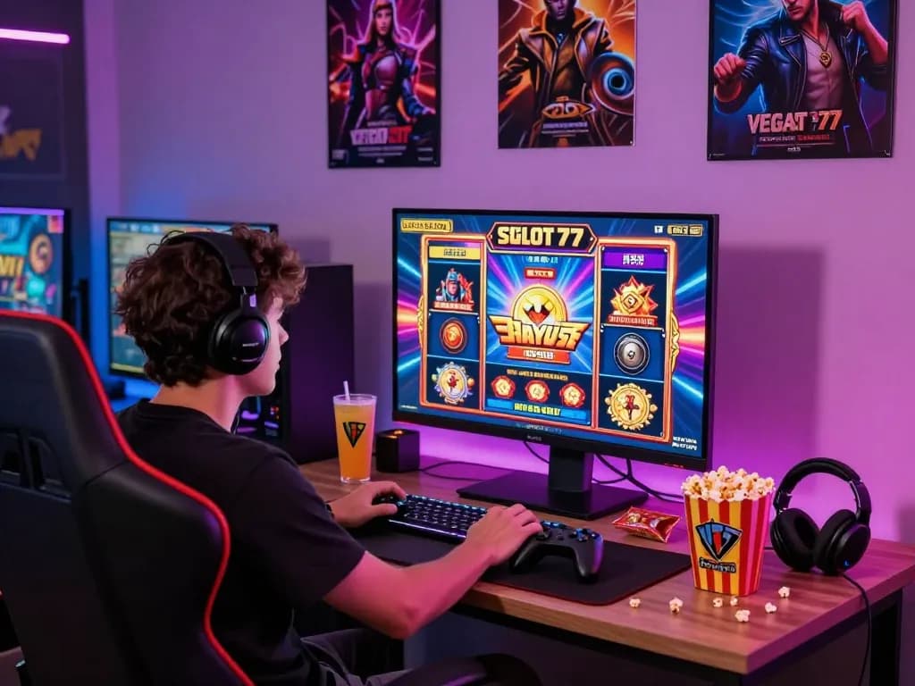 Exciting gaming setup featuring vegasslot77.com with colorful graphics, snacks, and controllers for an immersive experience.