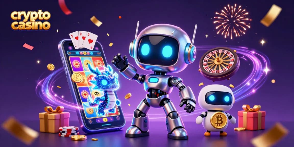 Gioca nei migliori crypto casino con questa scena dinamica con robot e droni che portano simboli Bitcoin.