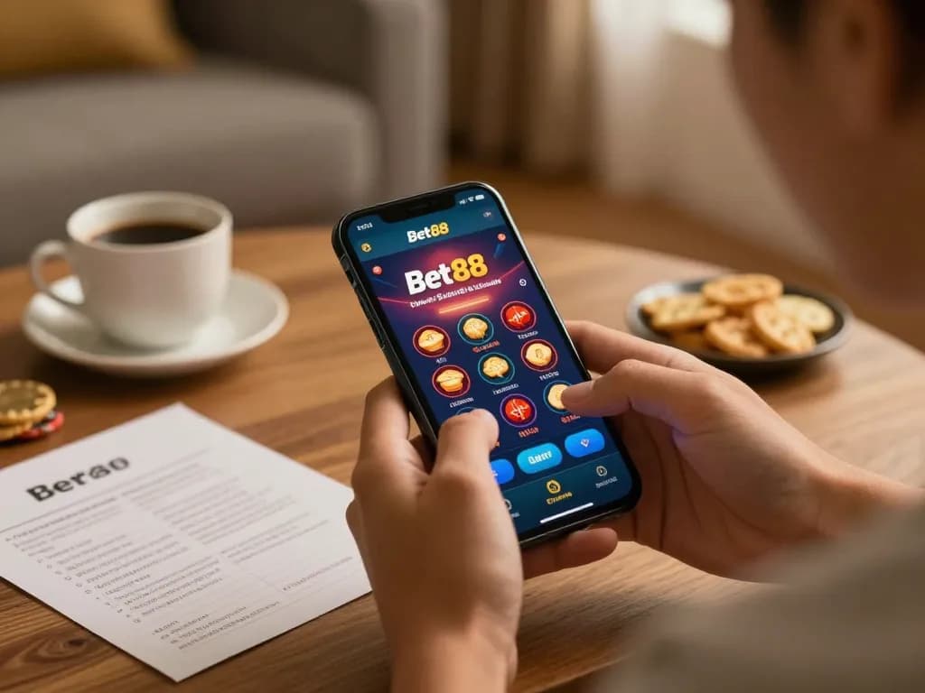 Accessing link vào Bet88 an toàn on a smartphone, enjoying gambling safely at home.