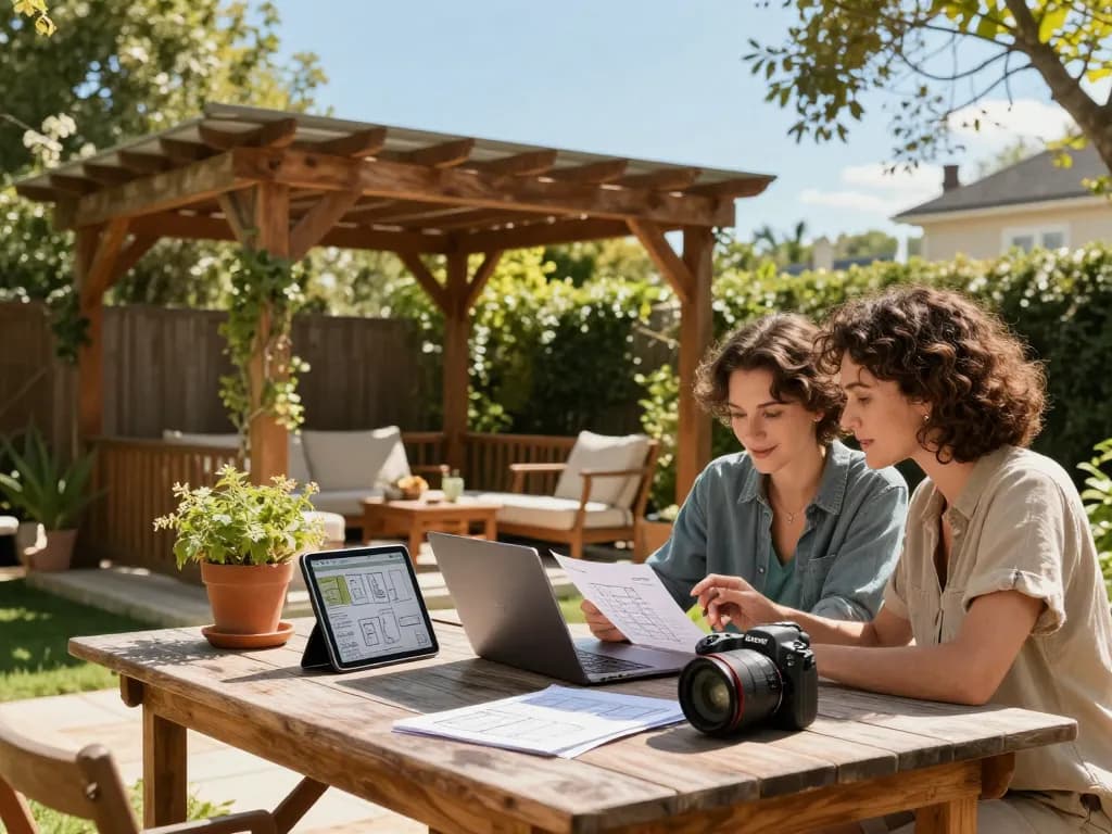 Couple using a pergola 3D planner outdoors to design their backyard with greenery.
