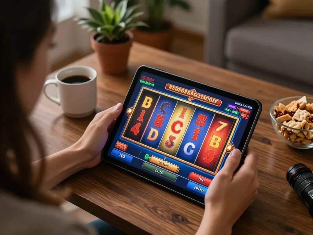Pengguna 88Pulsa menikmati permainan slot online yang cerah di tablet dalam suasana rumah yang nyaman
