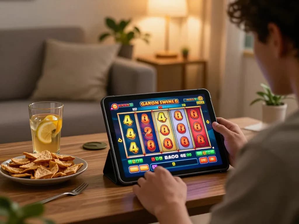 Player engaging in slot gacor game on tablet at home, showcasing strategic play and relaxation.