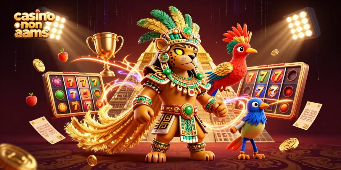 Scopri l'azione nei casino non AAMS con simboli delle slot, trofei e premi in un vibrante scenario di gioco.
