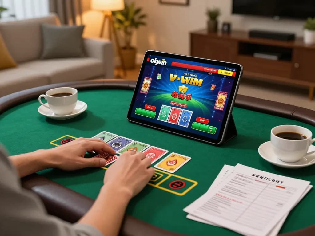 Engaging in an online okwin casino game at home with warm lighting and strategy notes.