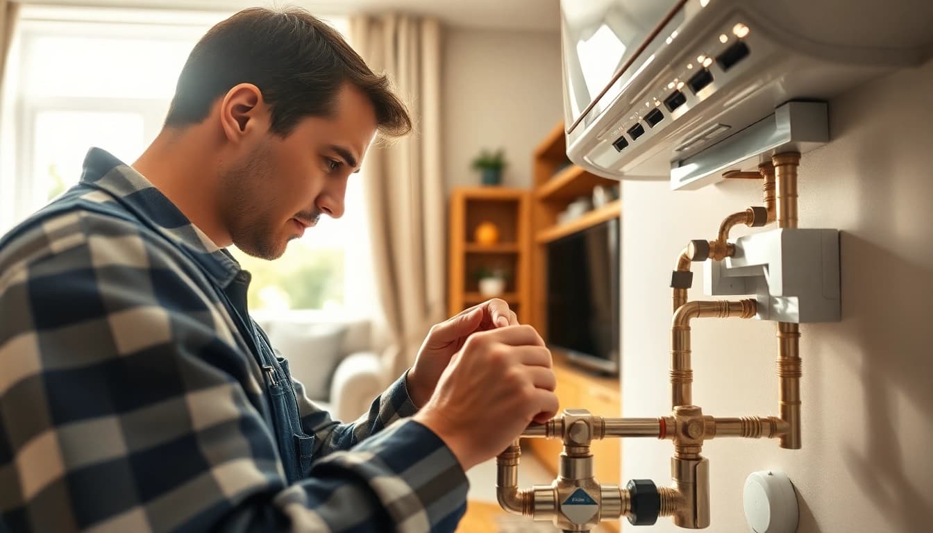 Gas engineer bristol installing a boiler in a warm, inviting home setting.