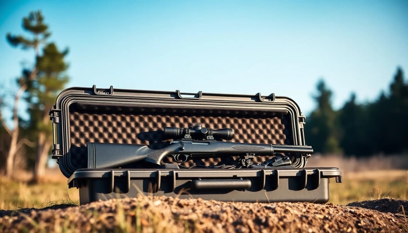 Showcase a pelican rifle case with rifle and accessories in an outdoor setting, highlighting its durable features.