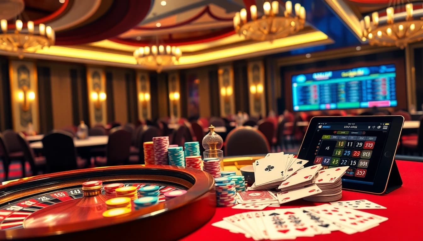 Berinteraksi dengan Utama4D Togel di kasino mewah yang menampilkan chip poker dan antarmuka taruhan.