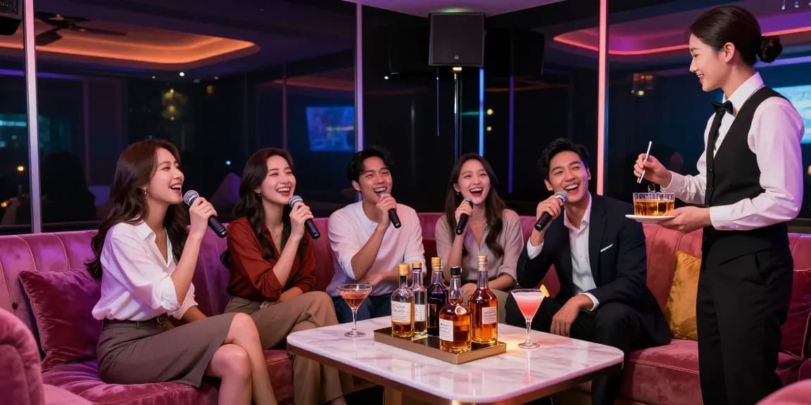 강남 가라오케에서 친구들과 함께 즐거운 시간을 보내는 모습, 화려한 조명과 고급 음료가 있는 프라이빗 룸