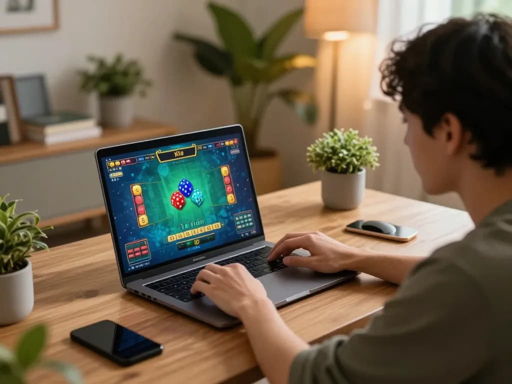 Engaged player experiencing tai xiu's online gaming thrill at home, vibrant interface visible