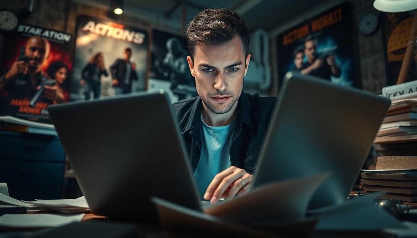 Action thriller author passionately crafting a story in an intense urban setting.