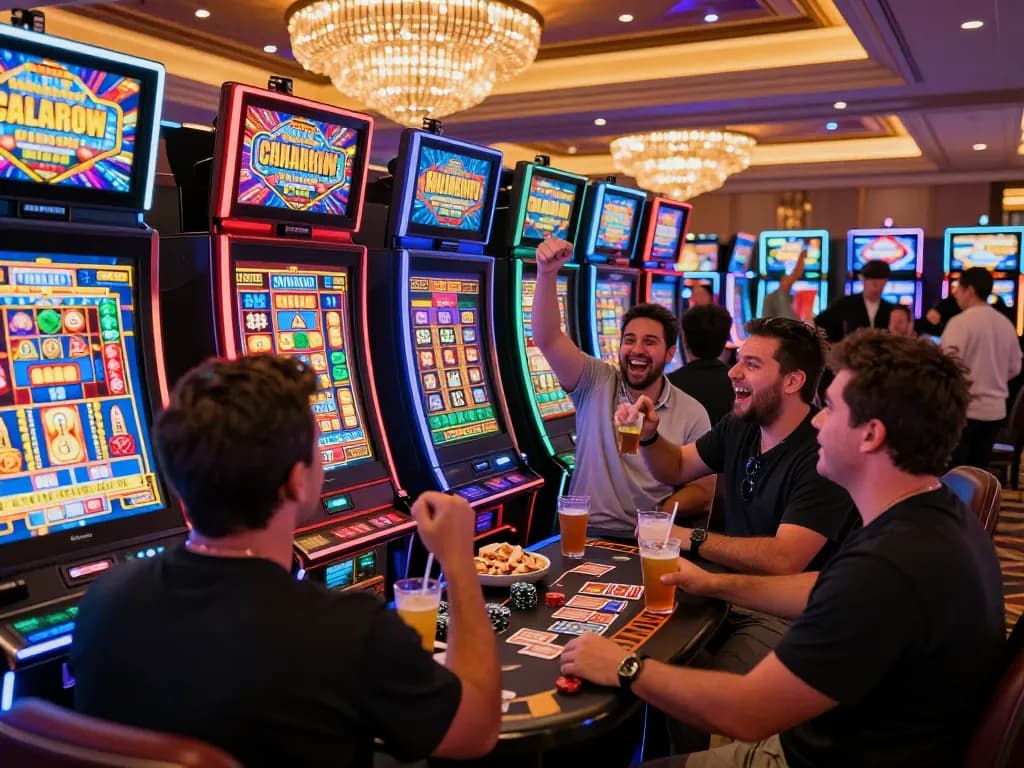 Pemain yang bersemangat di mesin link slot merayakan jackpot dalam suasana kasino yang meriah.