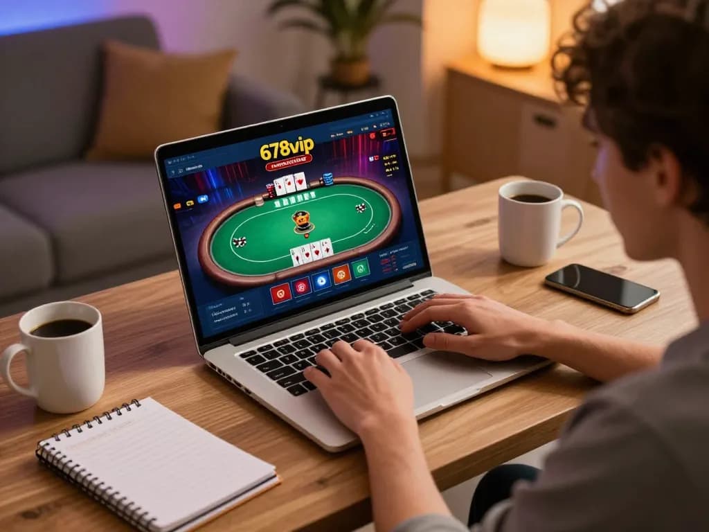 Player enjoying an online poker game at 678vip with a cozy ambiance and strategic betting notes.