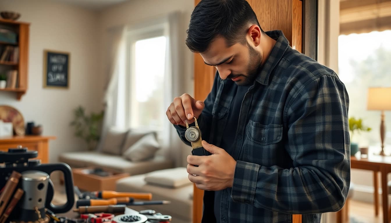 Locksmiths Durham expertly repairing a door lock with essential tools.