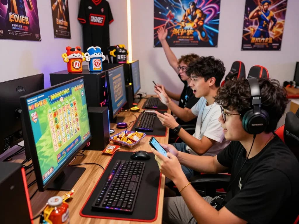 Friends enjoying their gaming experience at bantaitogel with vibrant graphics, celebrating potential lottery wins.