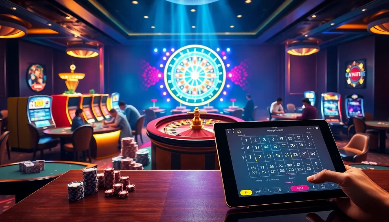 Experience thrilling gaming at Trang chủ xin88 with vibrant casino tables, exciting slot machines, and engaging online interfaces.