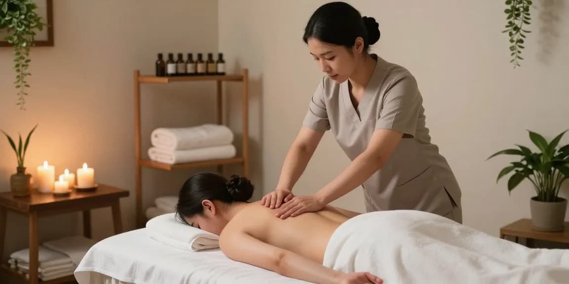 마사지 샵에서 아로마 오일을 사용한 편안한 스웨디시 마사지 장면