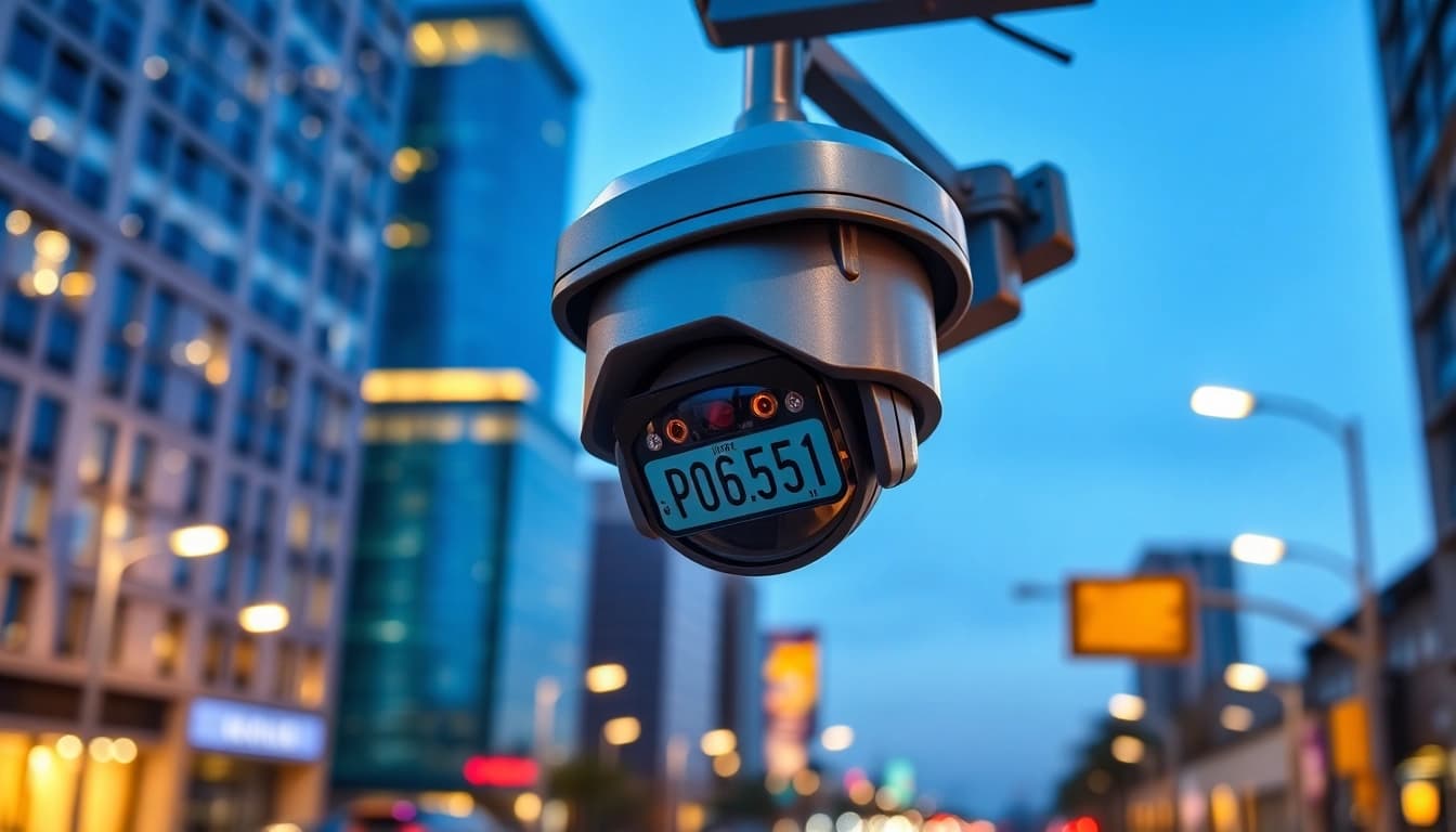 Capture of a license plate recognition camera monitoring vehicle activity in an urban environment.