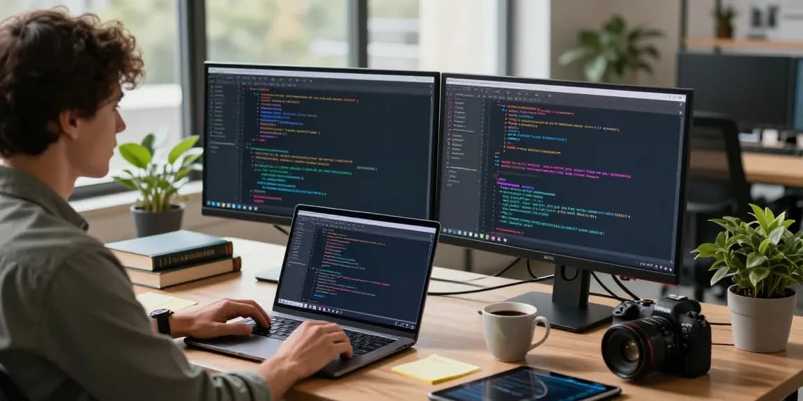 Exploring 纸飞机下载 with a developer in a modern workspace, coding on multiple screens.