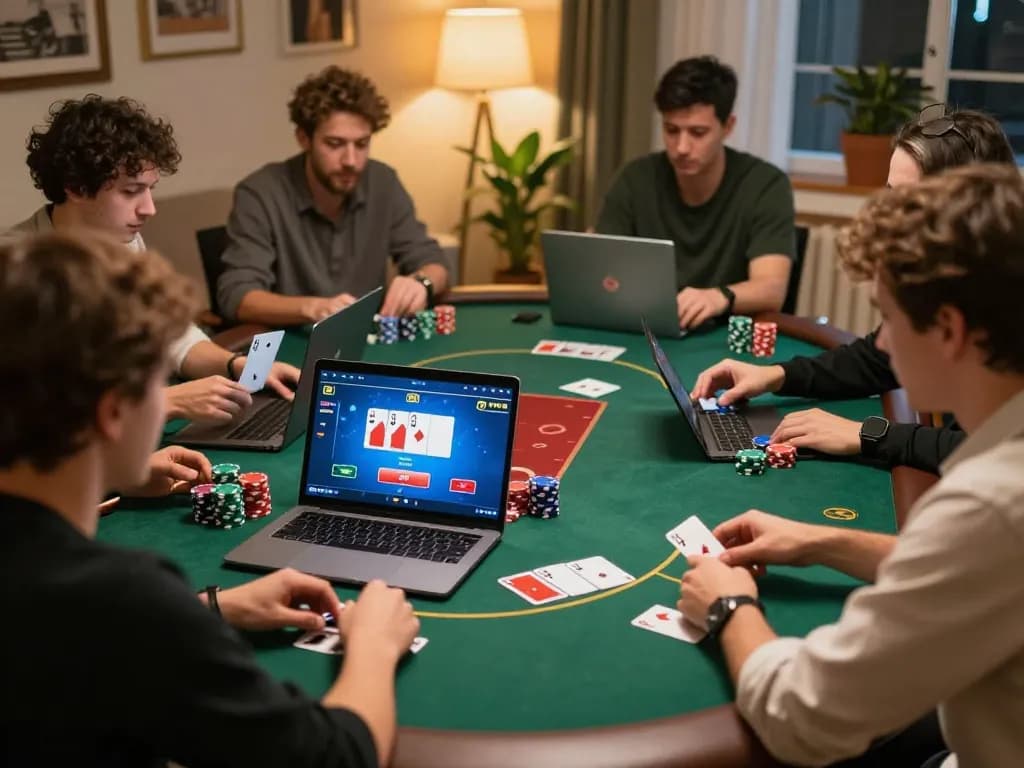 Players engaged in online poker gaming strategies at their home setup, featuring 88i betting options on screens.