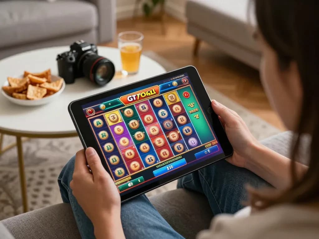 Engaging with GTAtogel slot games on a tablet in a cozy living room.
