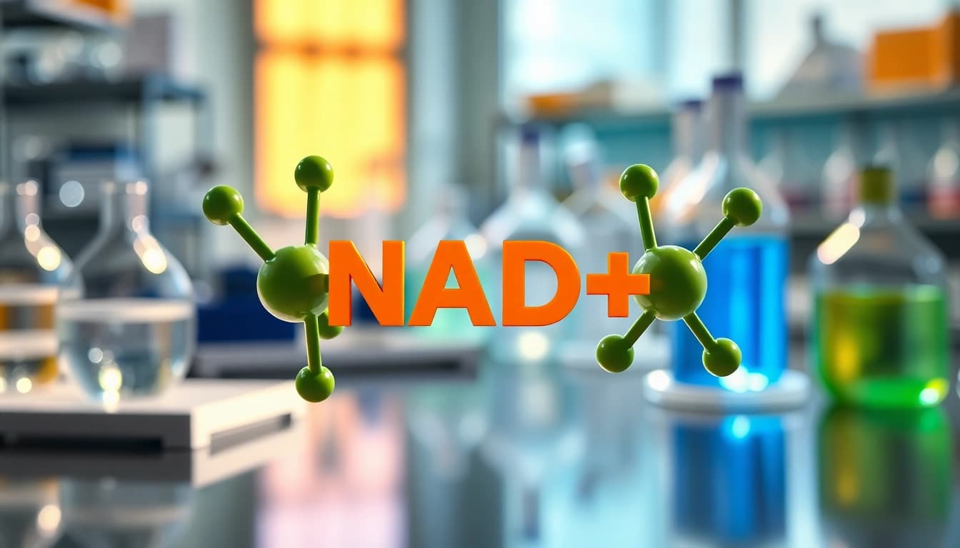 NAD+ molecular structure highlighted in a vibrant lab setting demonstrating its significance.