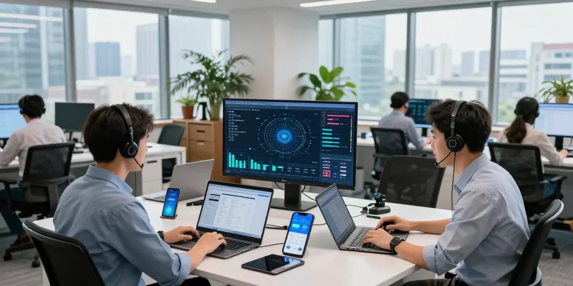 Team collaborating on business IT support in modern office setting, showcasing proactive monitoring and technology tools.