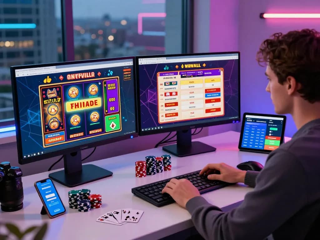 Dynamic user engaging with wraungtoto online gambling platform in a vibrant digital workspace