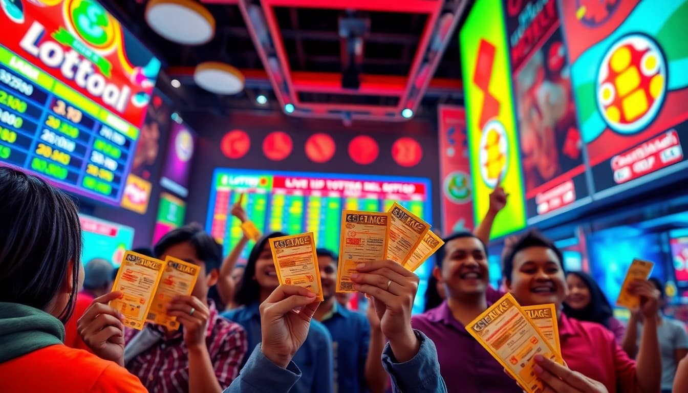 Menampilkan suasana bandar togel resmi yang ceria dengan pemain merayakan kemenangan.