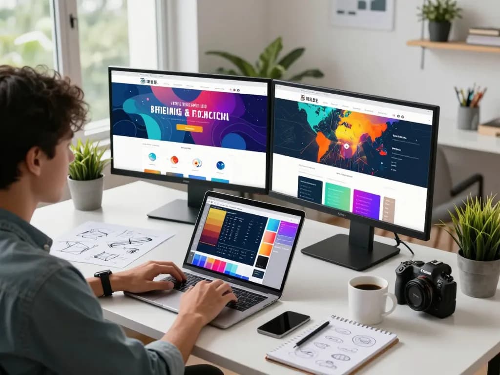 Freelance web designer Kuala Lumpur creating innovative website designs in a modern studio with dual monitors.