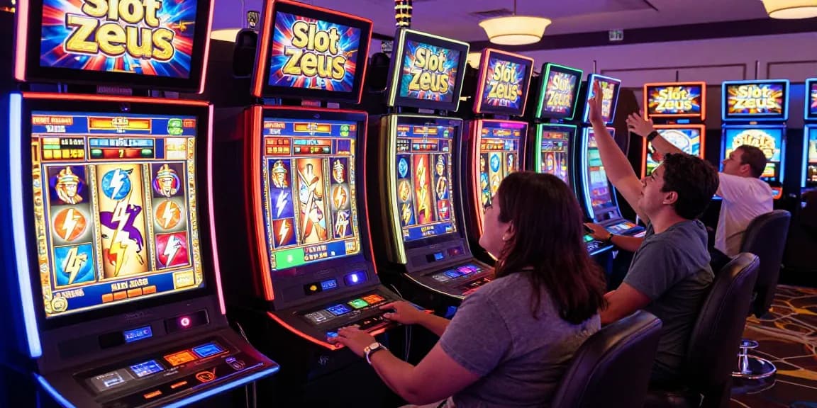 Exciting gaming scene featuring Slot Zeus with players celebrating wins at vibrant slot machines, showcasing Greek mythology elements.
