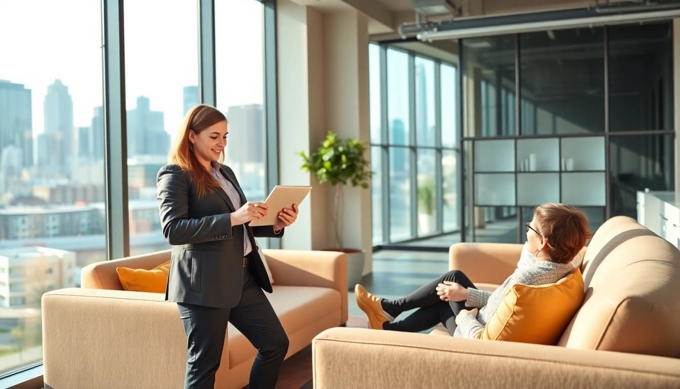 Showcase of real estate expert engaging clients in a modern office setting, promoting Real Estate.