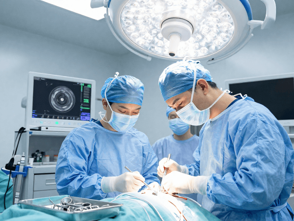Dar kanal ameliyatı in a modern surgical room highlighting advanced surgical techniques and teamwork.
