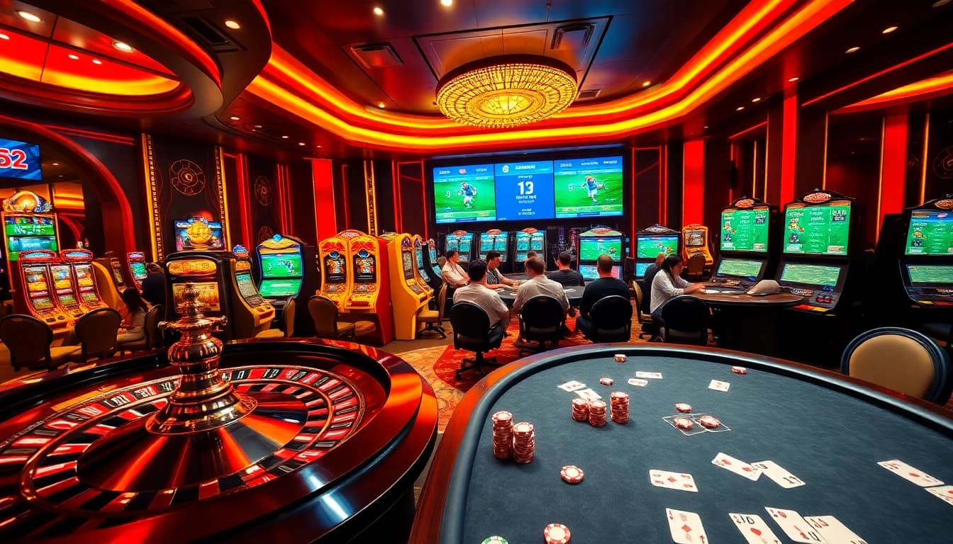 Experience the thrill of kết quả các trận bóng đá while engaging at a luxurious casino with roulette and poker tables.